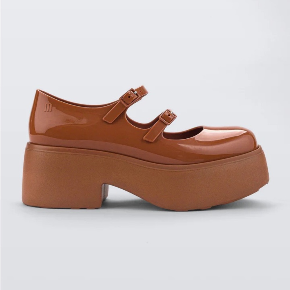 Melissa Platform Mary Jane Shoes in Tan Brown with Black Straps - Picture 3 of 13